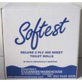 CLEANERS WAREHOUSE SOFTEST DELUXE 2PLY TOILET PAPER ROLLS 400 SHEET CTN 48 ROLLS 